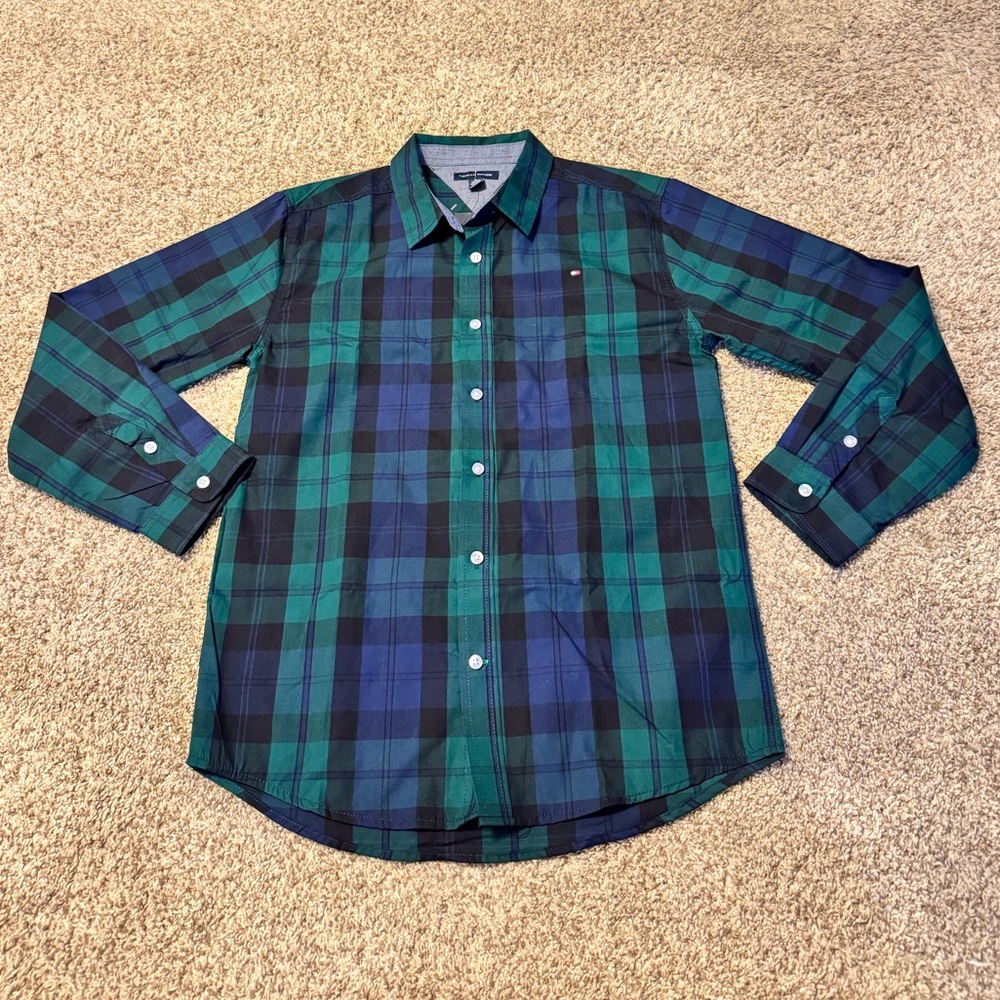 Tommy Hilfiger Rainforest Blue and Green Plaid Shirt XL Boys 8-20 BNWT